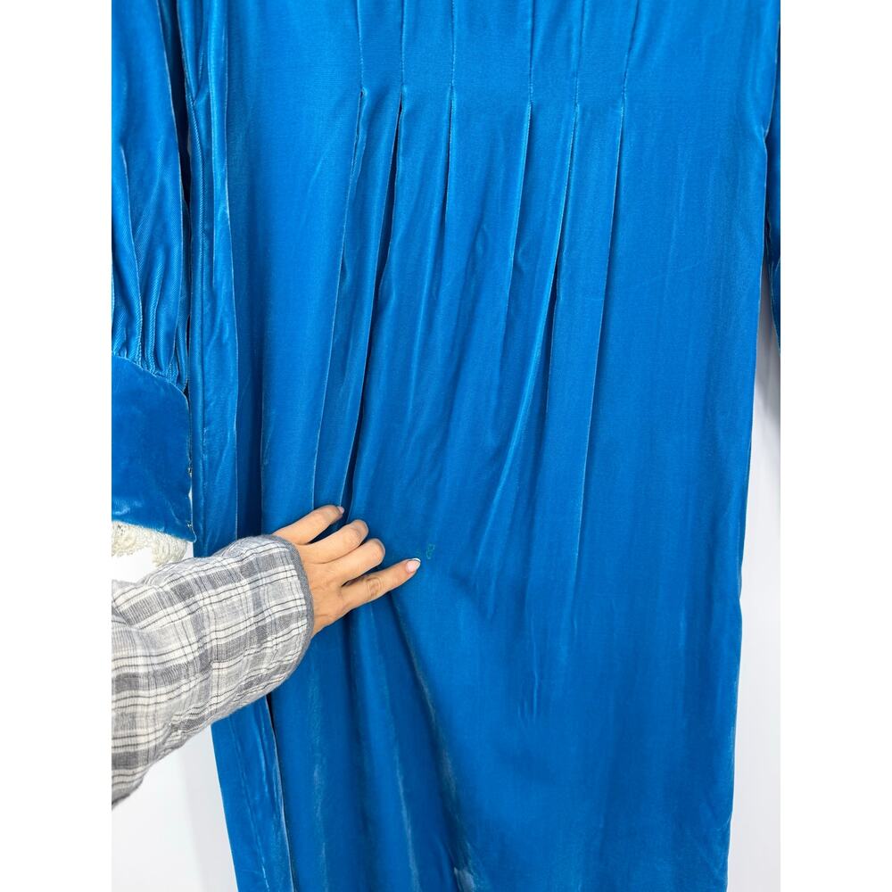 Vintage Handmade Blue Velvet Maxi Dress Lace Trim Prairie Victorian Cottagecore - Picture 6 of 16